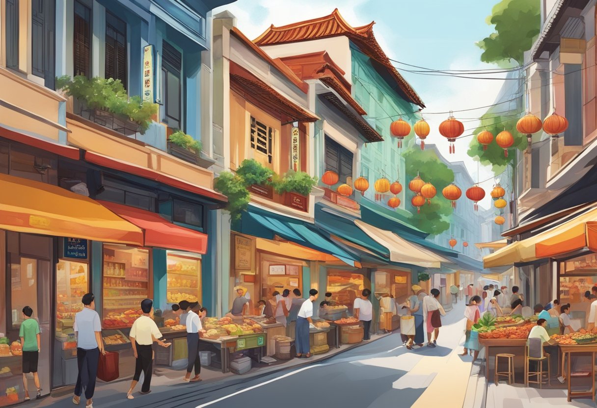 A bustling street in Singapore's Chinatown, with colorful shopfronts and a lively atmosphere. The aroma of exotic spices and sizzling street food fills the air