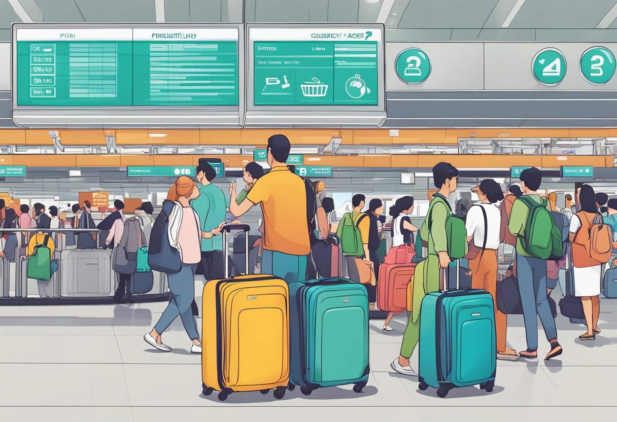 A stack of colorful Lojel luggage with a "Frequently Asked Questions" sign in a bustling Singapore airport