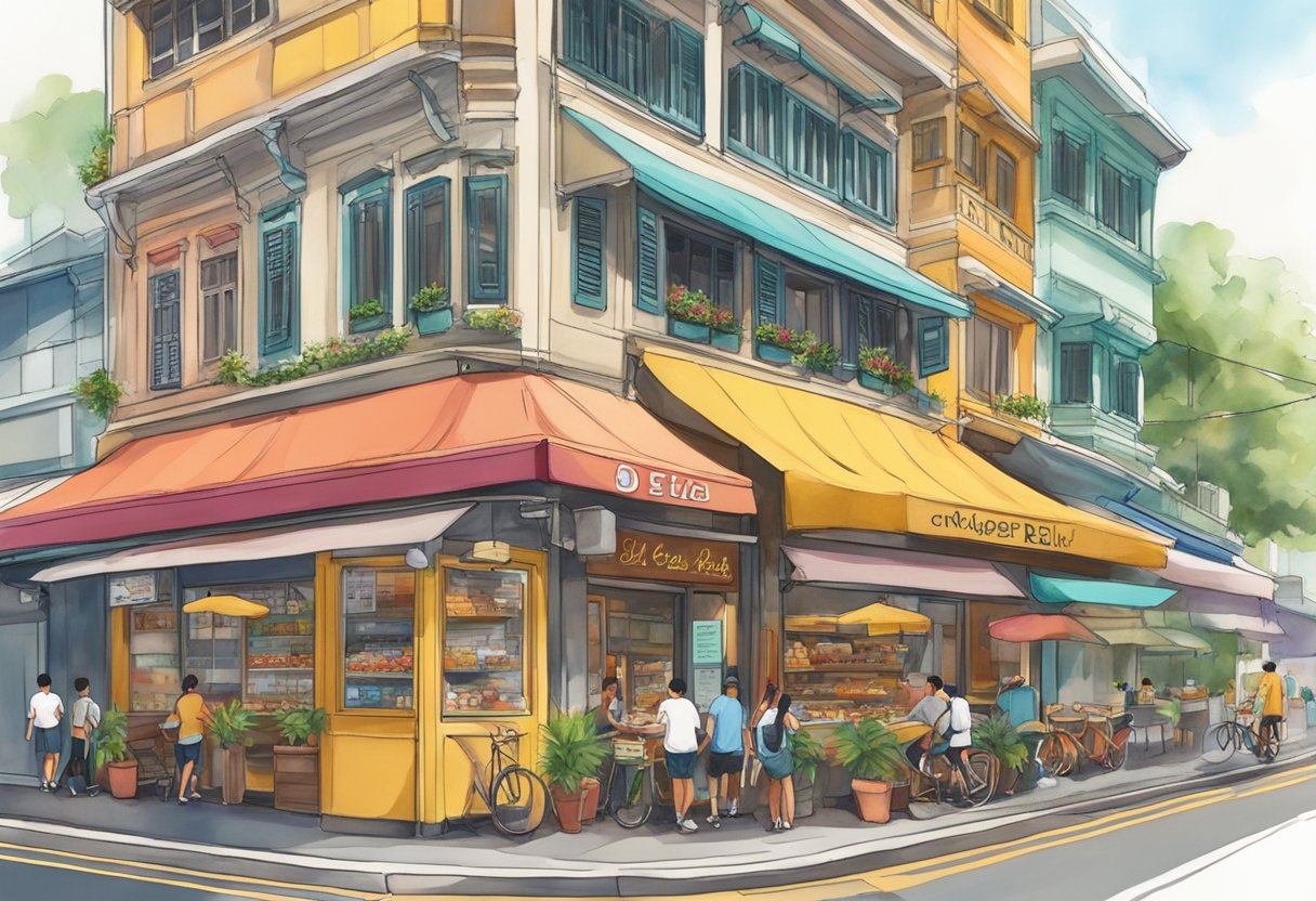 The bustling streets of Singapore, with vibrant colors and bustling energy, surround the iconic Oh Deli. The storefront stands out with its inviting atmosphere, drawing in locals and tourists alike