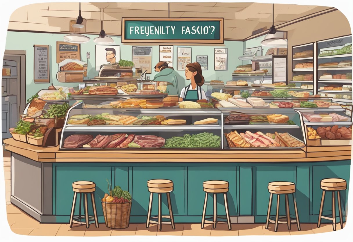 A bustling deli counter with a sign reading "Frequently Asked Questions" in bold letters, surrounded by a variety of meats, cheeses, and other deli items