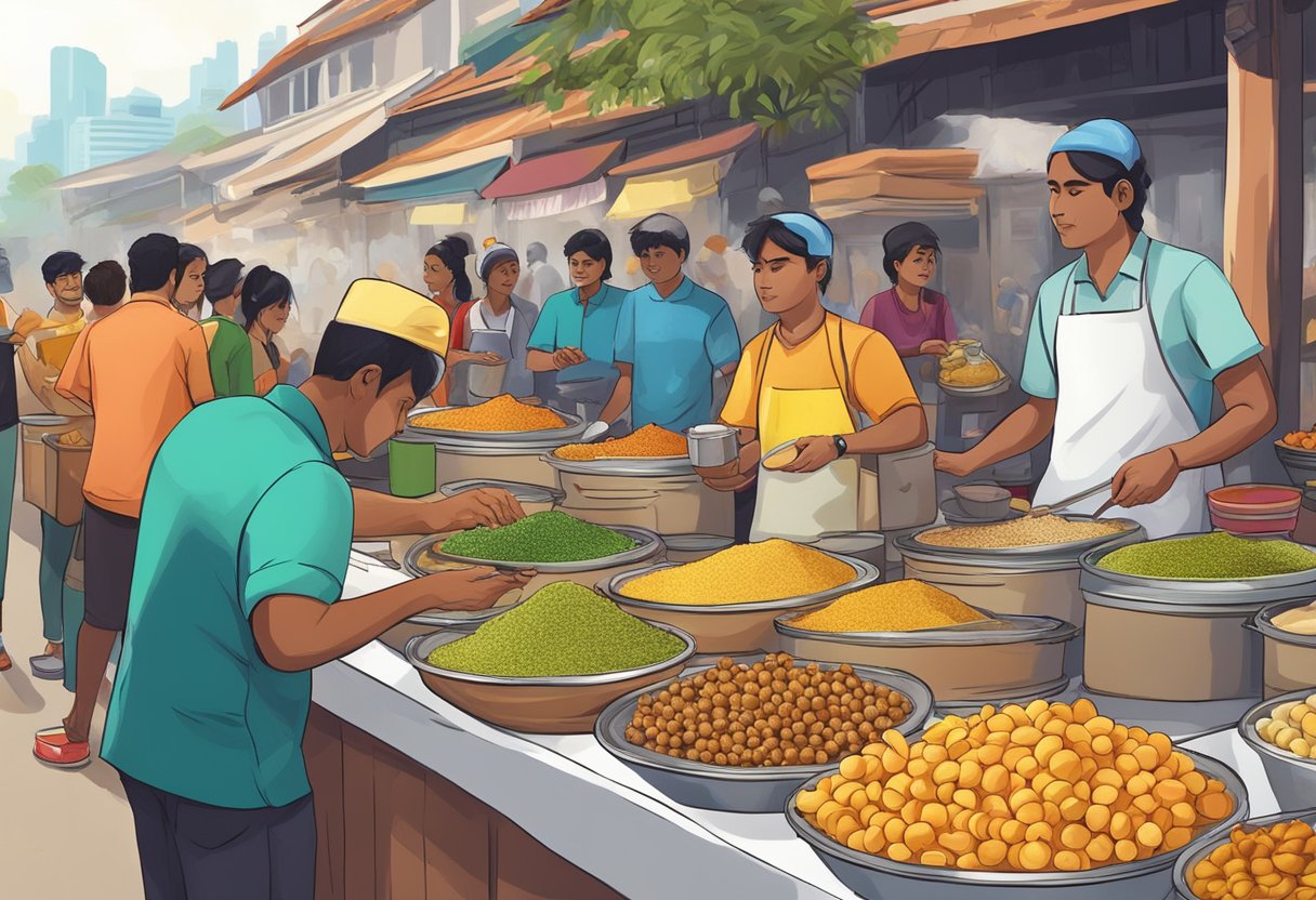 A street vendor prepares pani puri in Singapore, surrounded by colorful spices and condiments, with eager customers waiting in line