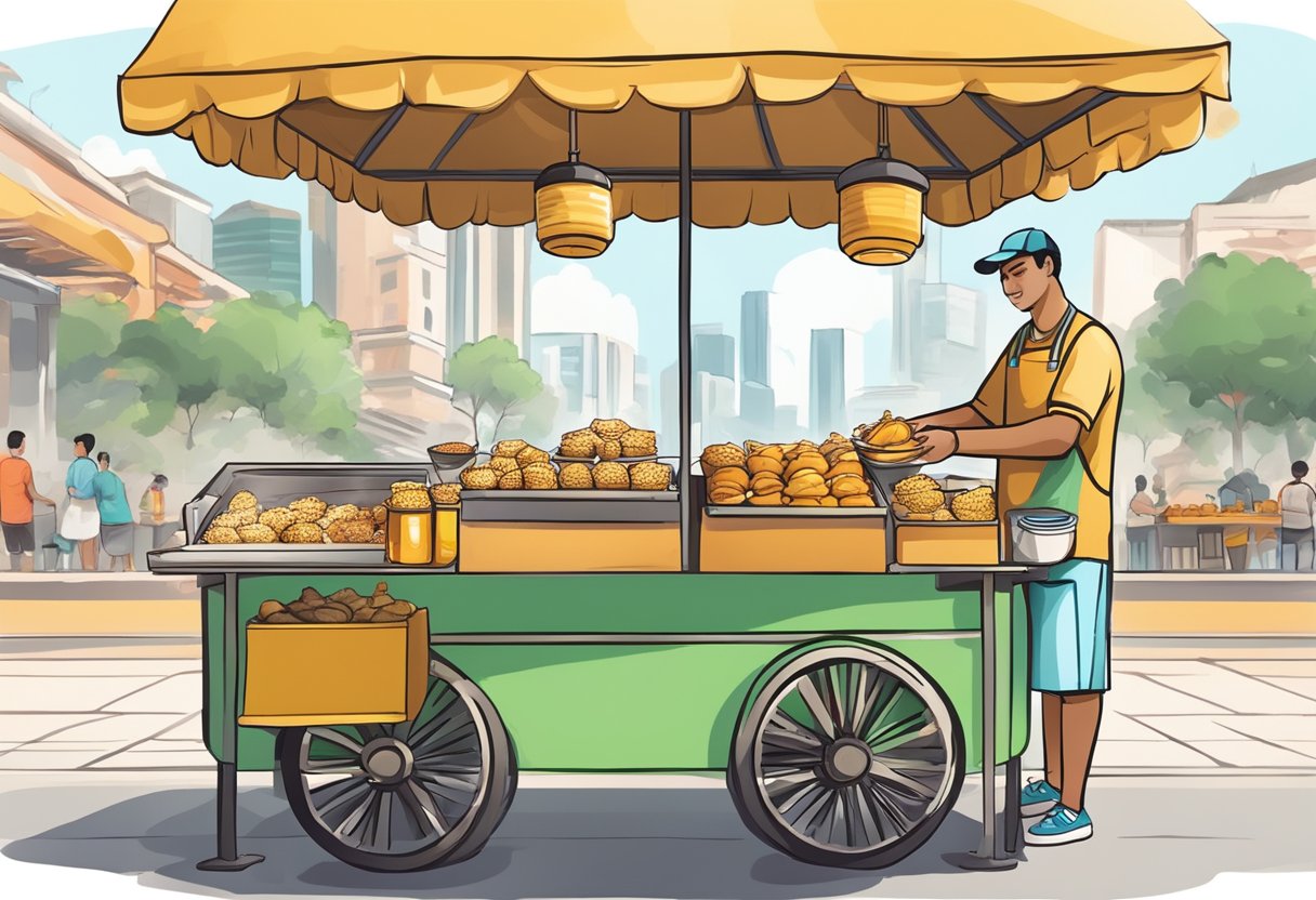 A colorful street food stall in Singapore, with a vendor preparing and serving pani puri to eager customers. The aroma of spices and the sound of crunching fill the air