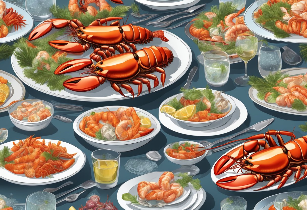 A lavish spread of fresh lobsters, displayed on ice, surrounded by an array of delectable seafood dishes, in a luxurious and elegant dining setting