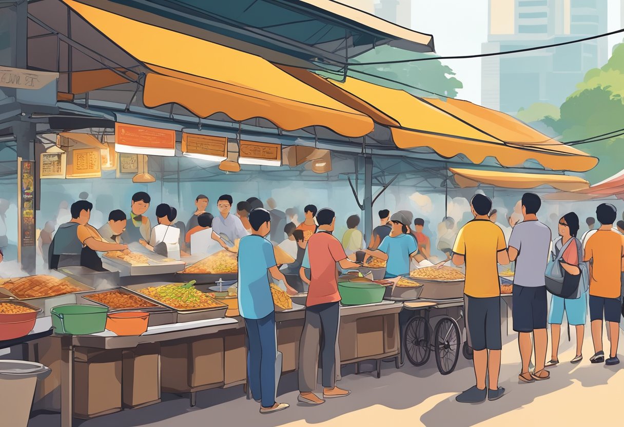 A bustling hawker center in Singapore, filled with colorful stalls and aromatic smoke wafting from sizzling pans. A crowd of locals and tourists eagerly sampling a variety of street foods, from crispy roti prata to fragrant laksa