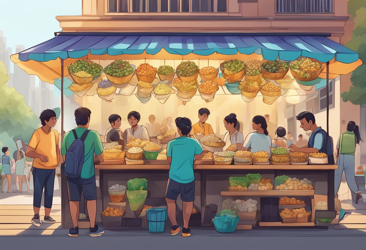 A street food stall in Singapore, with a colorful array of pani puri displayed on a table, surrounded by eager customers