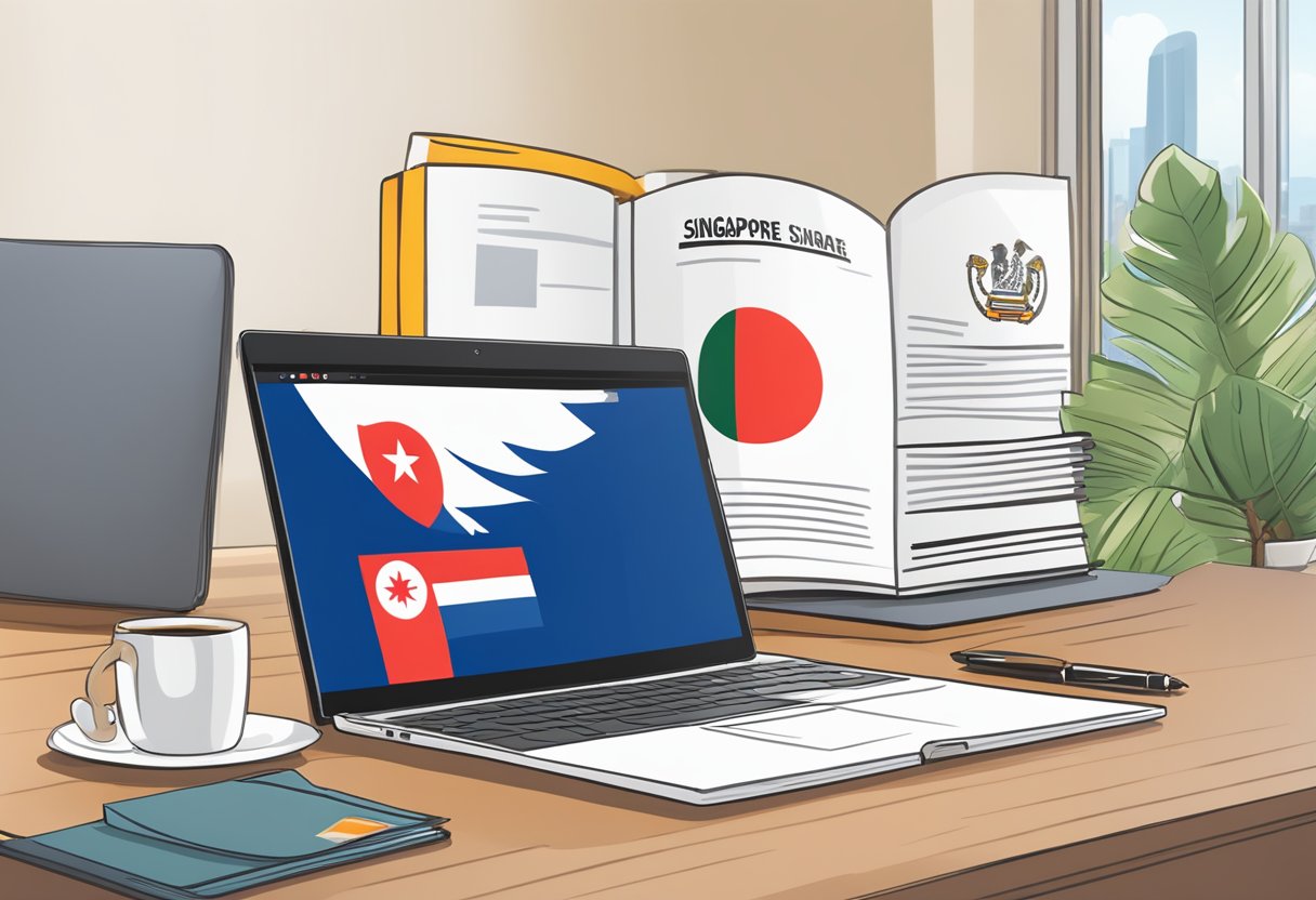 A training manual lies open on a desk, surrounded by a laptop, pen, and coffee mug, with a Singapore flag in the background