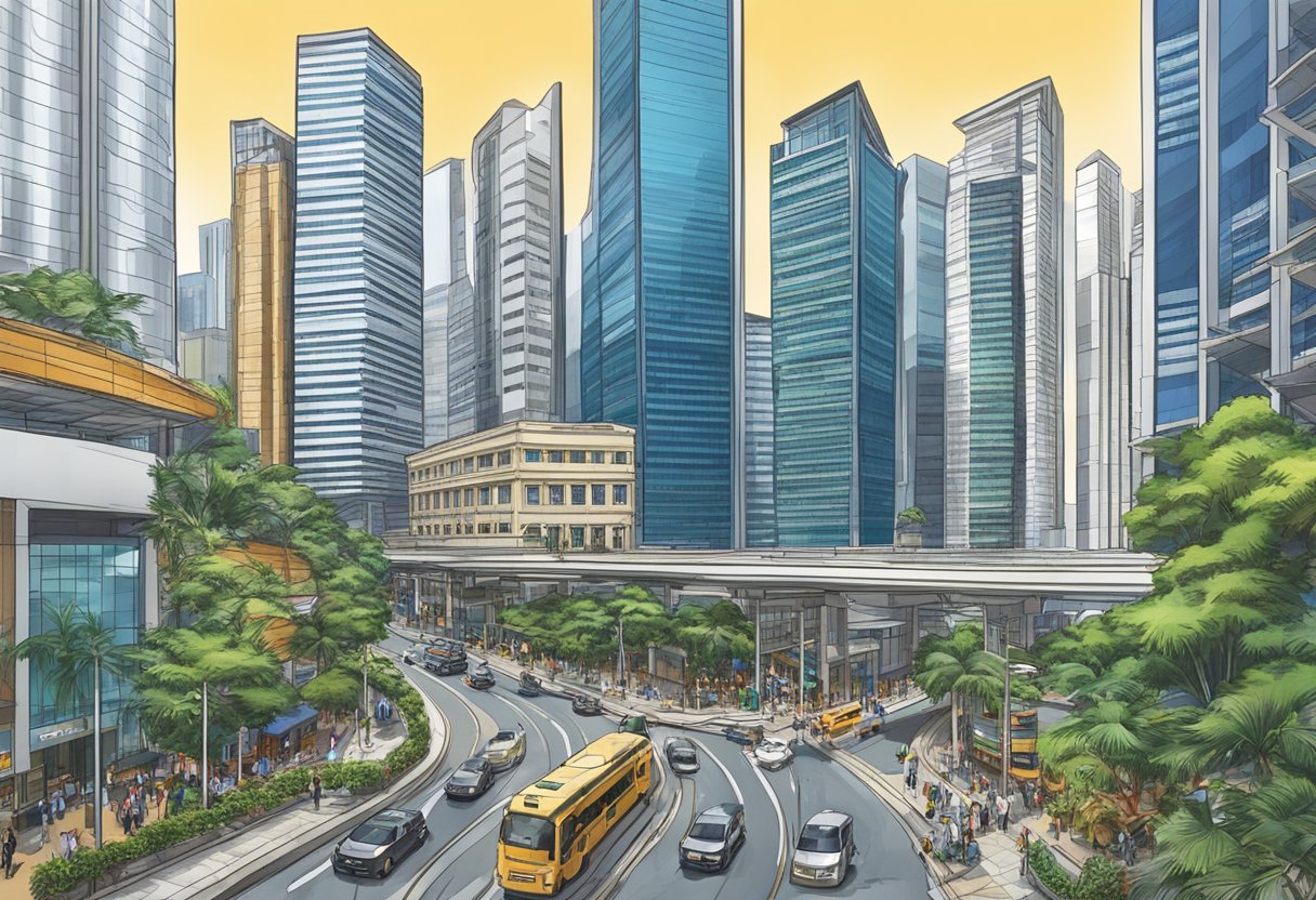 A bustling financial district in Singapore, with towering skyscrapers and bustling streets surrounding the Morgan Stanley office building