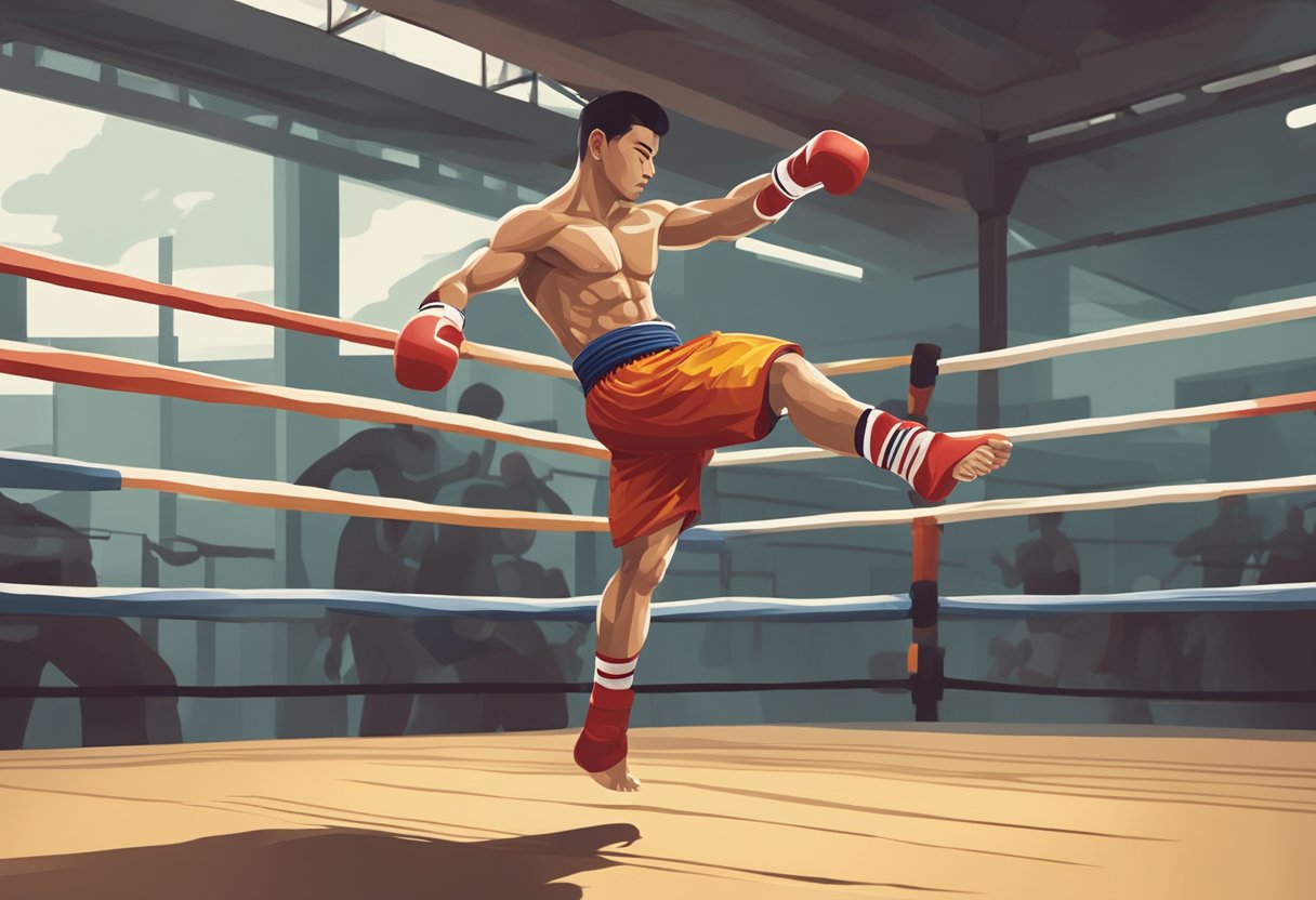 A muay thai fighter in a traditional outfit performs a powerful kick in a Singaporean gym