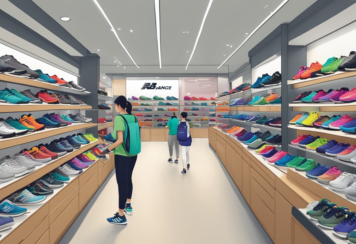 A bustling New Balance outlet in Singapore, with rows of colorful sneakers and athletic apparel on display. Customers browse the shelves, while staff assist with fittings and purchases