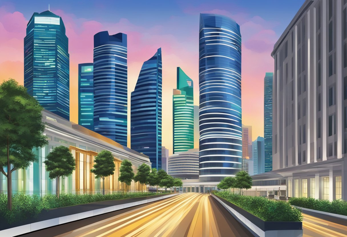 The skyline of Singapore's financial district, with prominent buildings like the Morgan Stanley Singapore office, against a backdrop of a vibrant cityscape