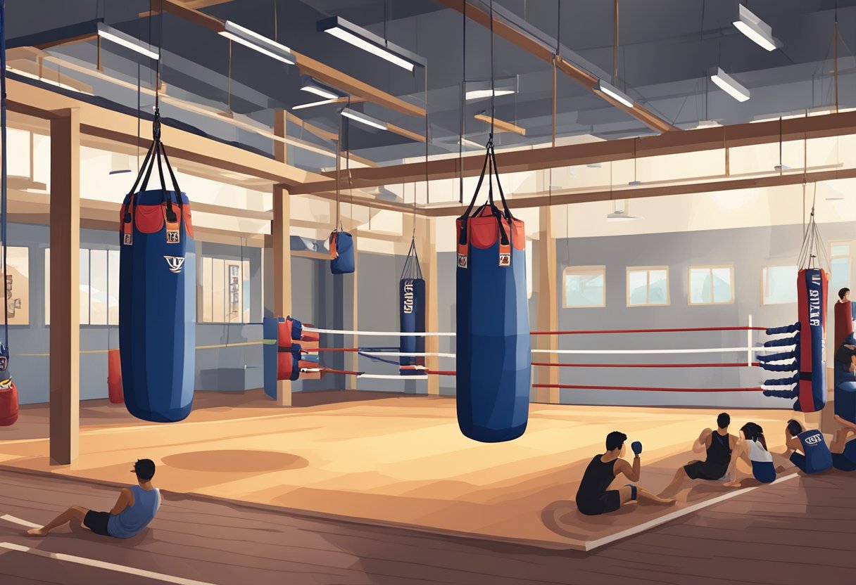 A Muay Thai gym in Singapore, with a ring in the center, punching bags hanging from the ceiling, and students practicing kicks and punches