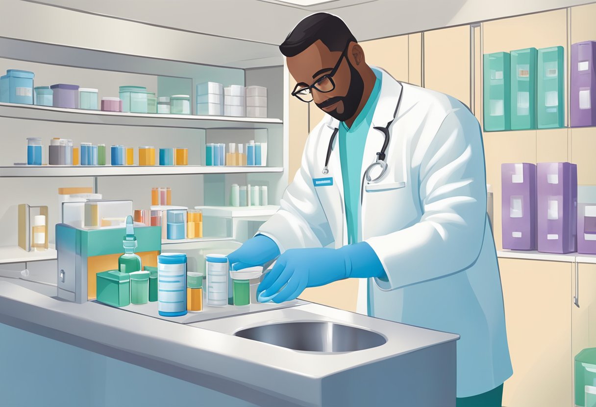 A pharmacist preparing a Moderna booster shot in a sterile, well-lit clinic setting