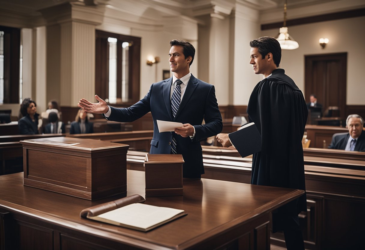 An attorney confidently presents a case in a courtroom, surrounded by legal documents and a judge's bench