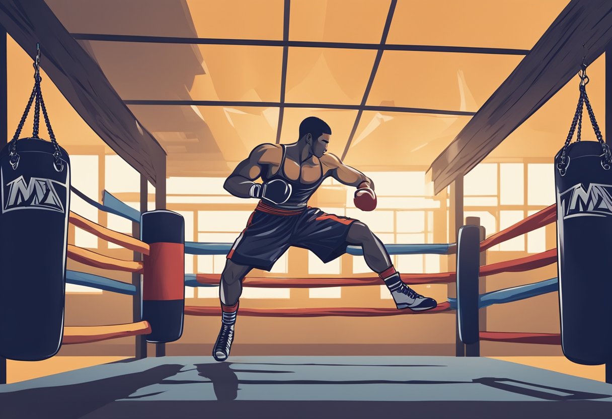 A fighter in a Muay Thai gym, surrounded by punching bags and training equipment, practicing kicks and punches with determination and focus