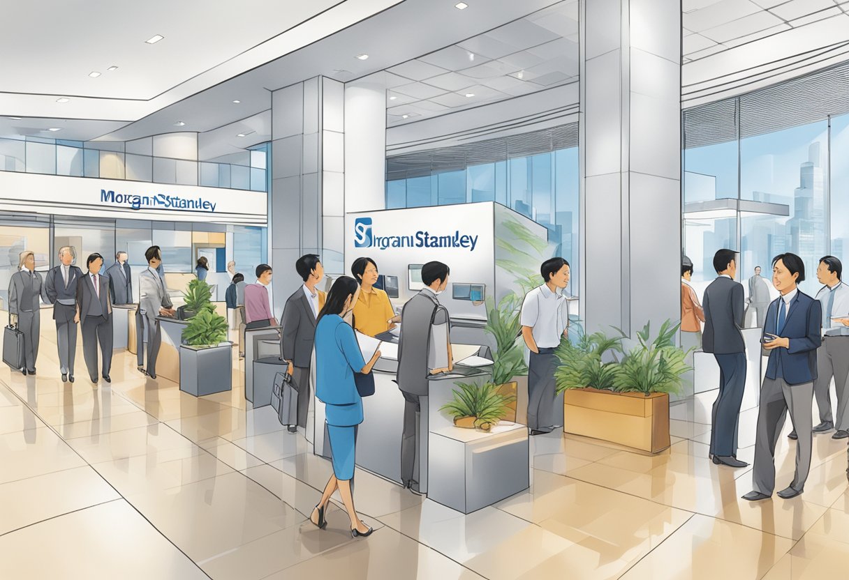 A bustling office lobby with a prominent "Morgan Stanley Singapore" sign, people queuing at a reception desk, and a display of informational brochures