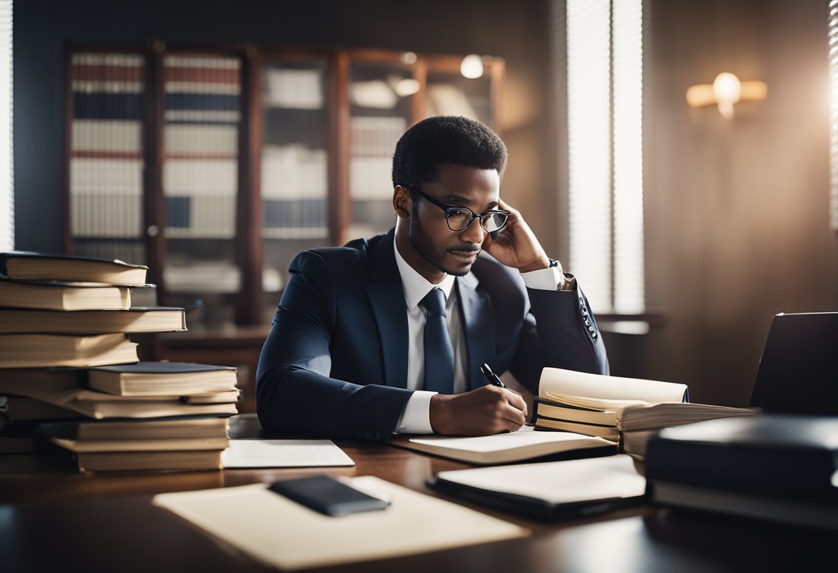 An attorney sits at a desk, surrounded by legal books and documents. They are deep in thought, pen in hand, as they review and analyze case files