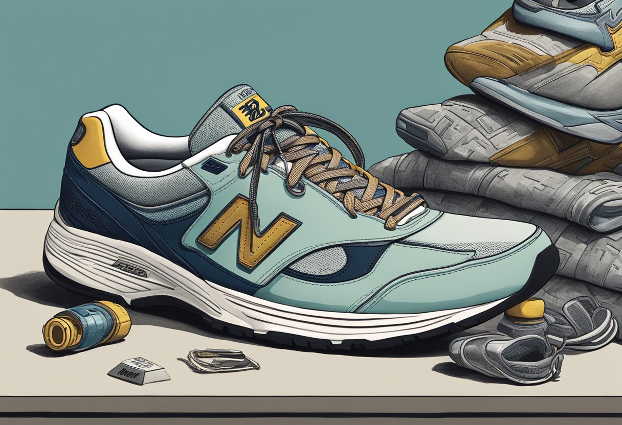 A pair of classic New Balance sneakers sits on a pedestal, surrounded by vintage running gear and images of the brand's history