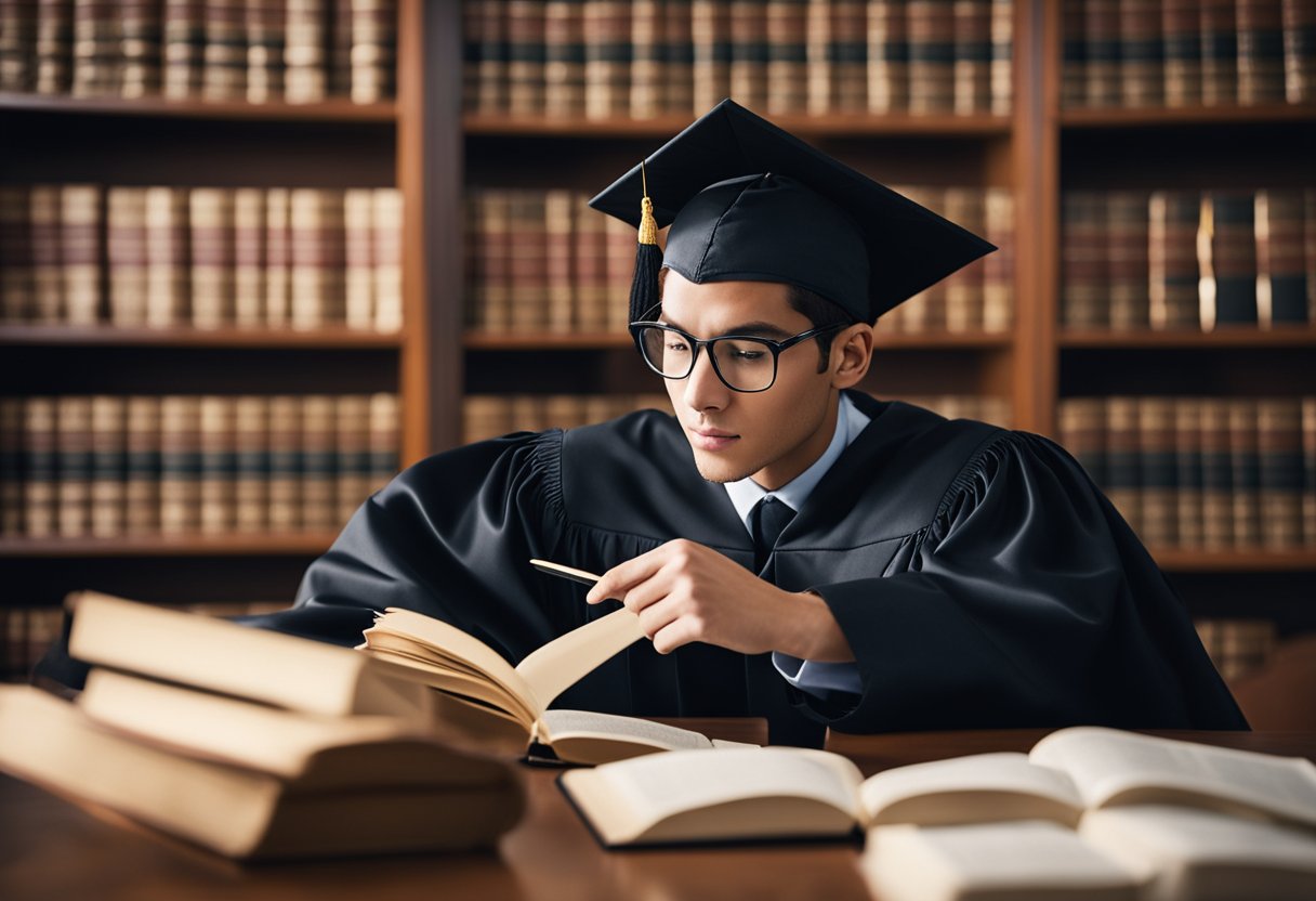 A student studying law books at a desk with a graduation cap and diploma on the wall