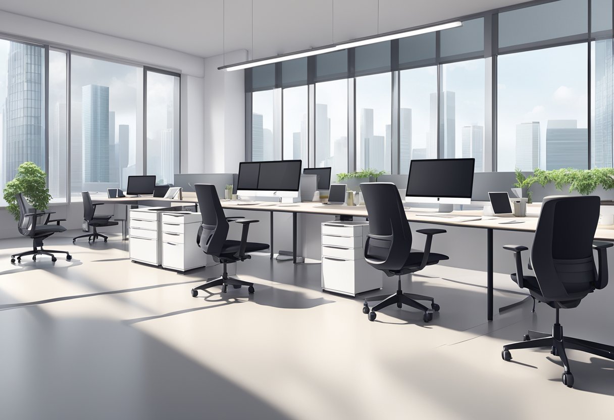 A modern office in Singapore with sleek desks, ergonomic chairs, and stylish storage units. Brightly lit with large windows and a minimalist design aesthetic