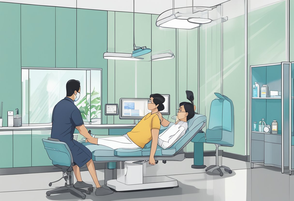 A person receiving a Moderna booster shot in a modern Singapore clinic setting