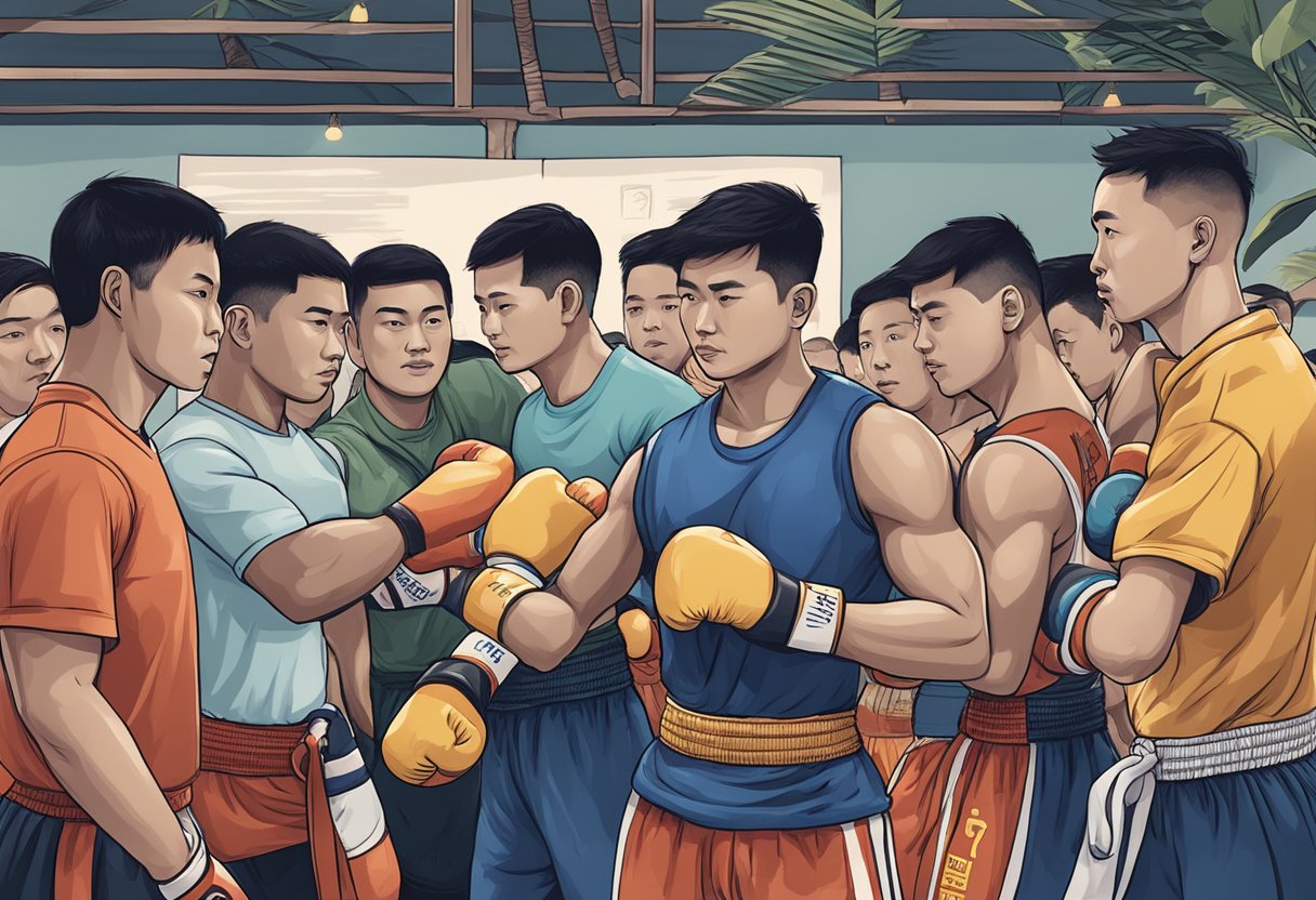A group of people gather around a sign that reads "Frequently Asked Questions muay thai singapore," with a sense of curiosity and anticipation in the air