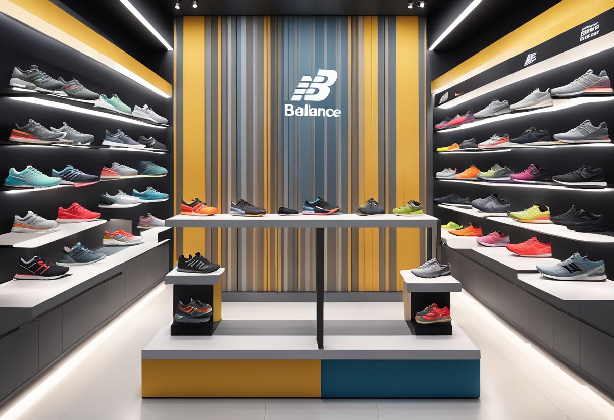 A display of cutting-edge footwear and apparel at New Balance Singapore outlet. Brightly lit shelves showcase the latest designs and technology