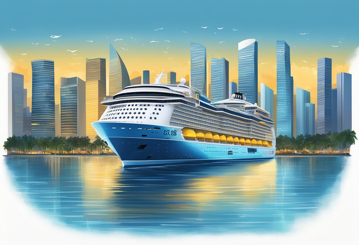 The Spectrum of the Seas cruise ship glides through the sparkling waters of Singapore, with the city's iconic skyline in the background