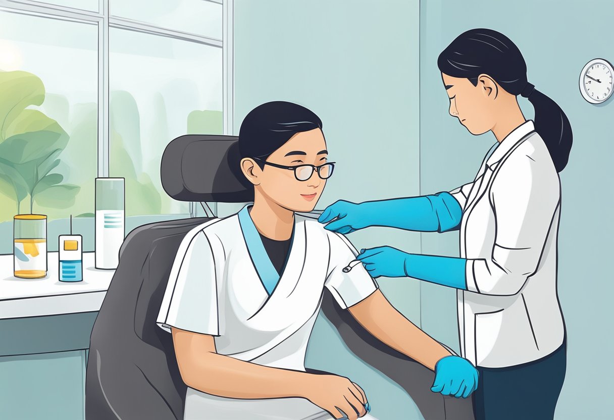 A person receiving a Moderna booster shot in a Singapore clinic