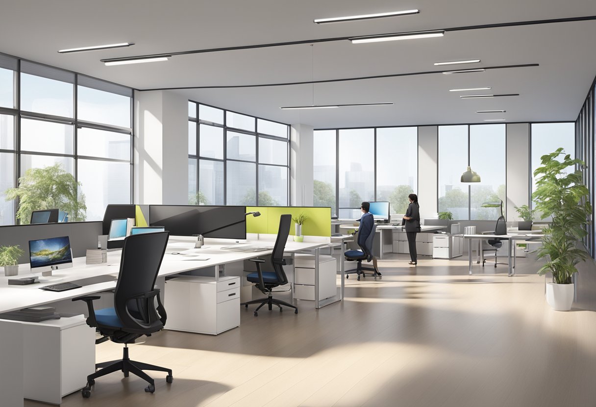 Employees browse modern office desks, ergonomic chairs, and sleek storage solutions in a spacious showroom. Bright lighting highlights the clean lines and contemporary designs of the furniture