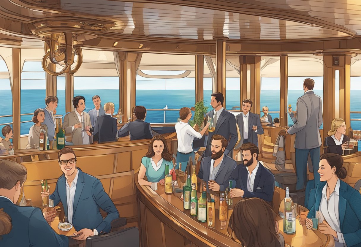 A bustling onboard scene: passengers enjoying panoramic views, sipping cocktails at the bar, and exploring the ship's amenities