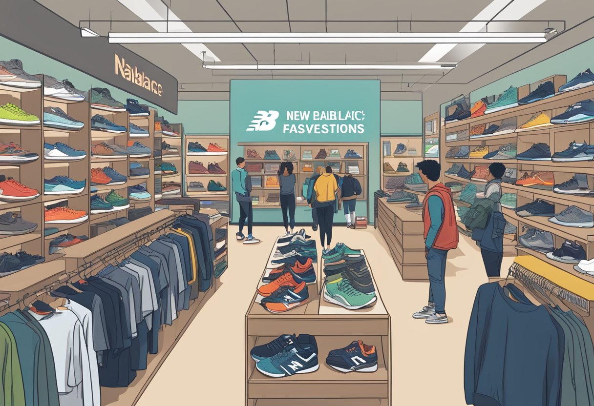 A crowded outlet store with shelves of New Balance shoes, customers browsing, and a sign displaying "Frequently Asked Questions" prominently