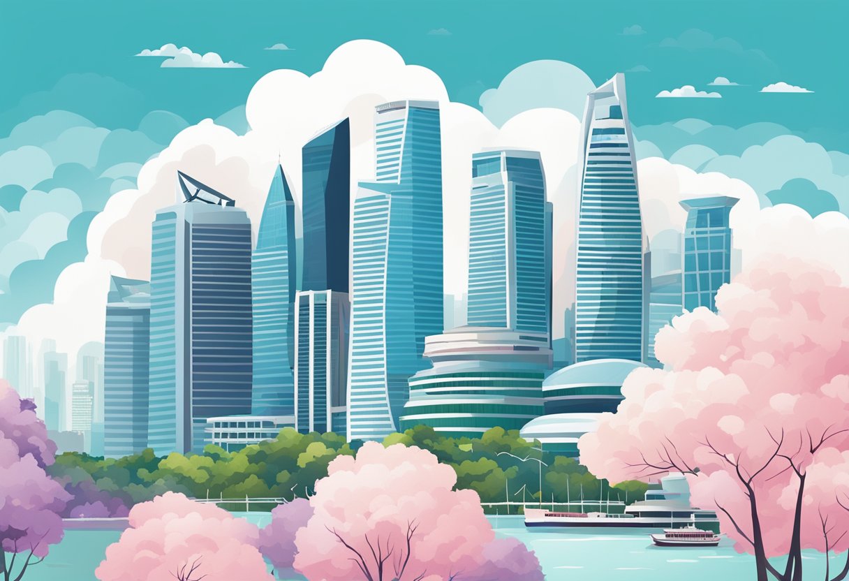 A vibrant cityscape of Singapore with iconic skyscrapers and the famous Marina Bay Sands hotel, set against a backdrop of fluffy white clouds
