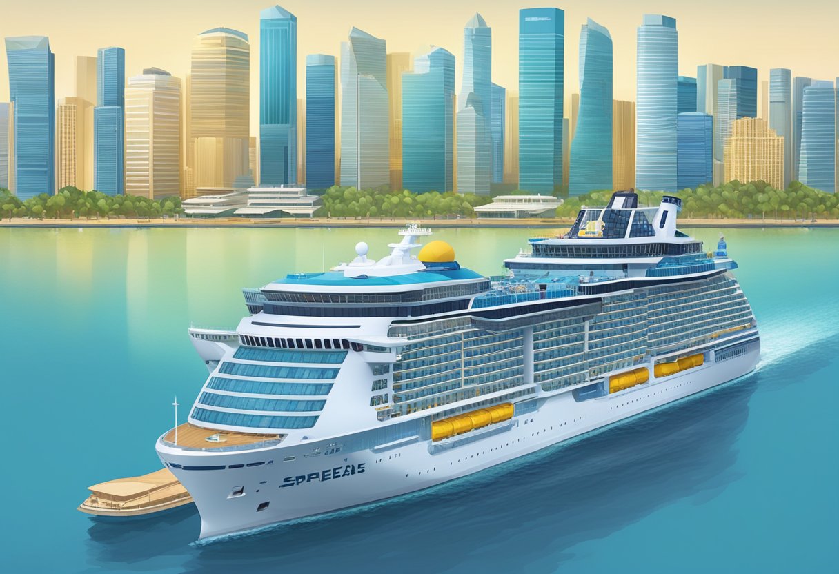 Aerial view of Spectrum of the Seas docked in Singapore port with city skyline in the background, surrounded by clear blue waters