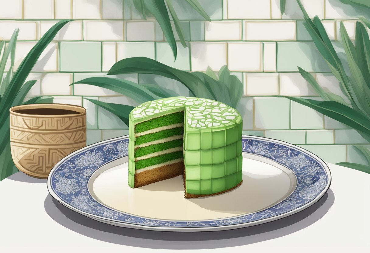 A pandan cake sits on a white plate with a backdrop of traditional Peranakan tiles in a Singaporean shophouse