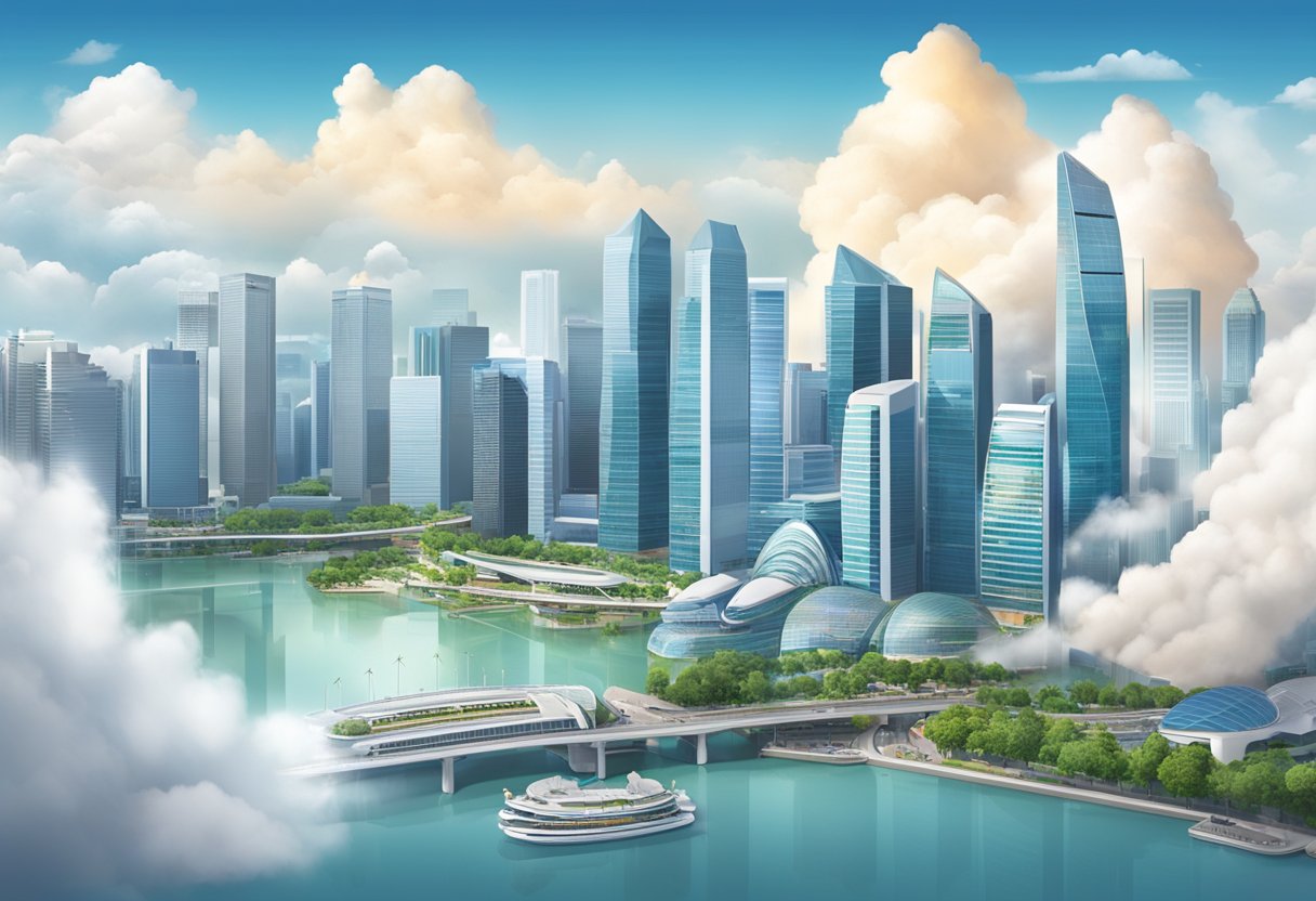 A bustling city skyline in Singapore with clouds overhead, showcasing various cloud solutions and technologies