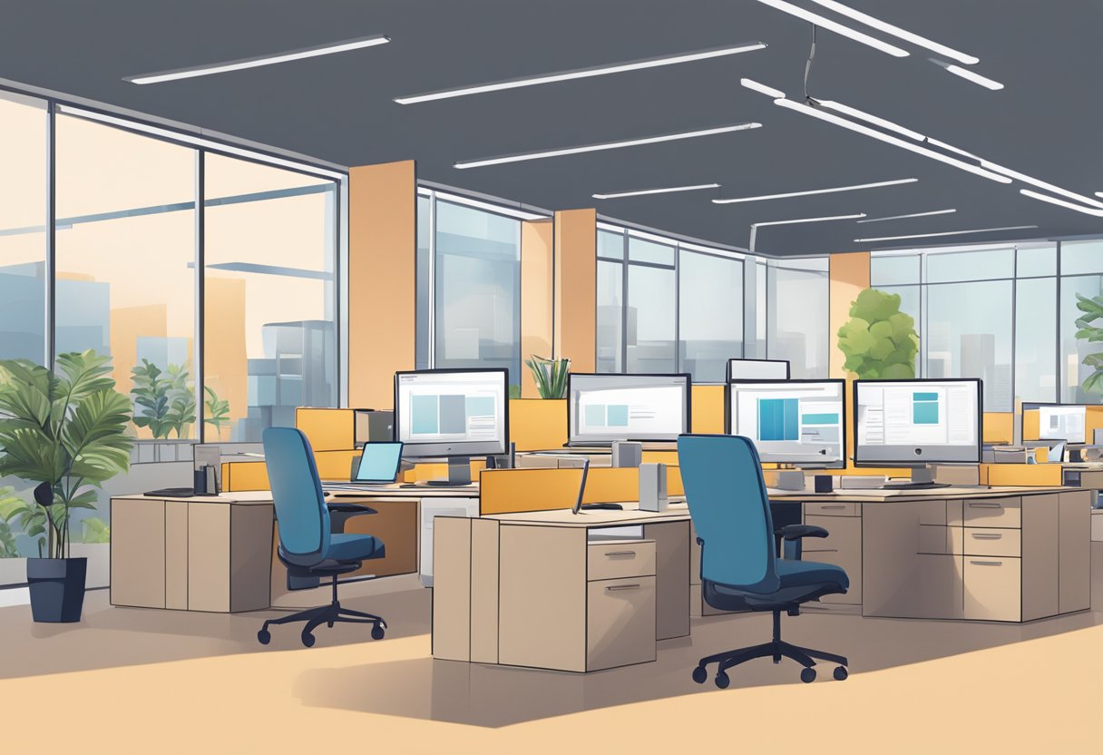 A person is browsing through a variety of office furniture options, including desks, chairs, and storage units. The room is spacious and well-lit, with a modern and professional aesthetic
