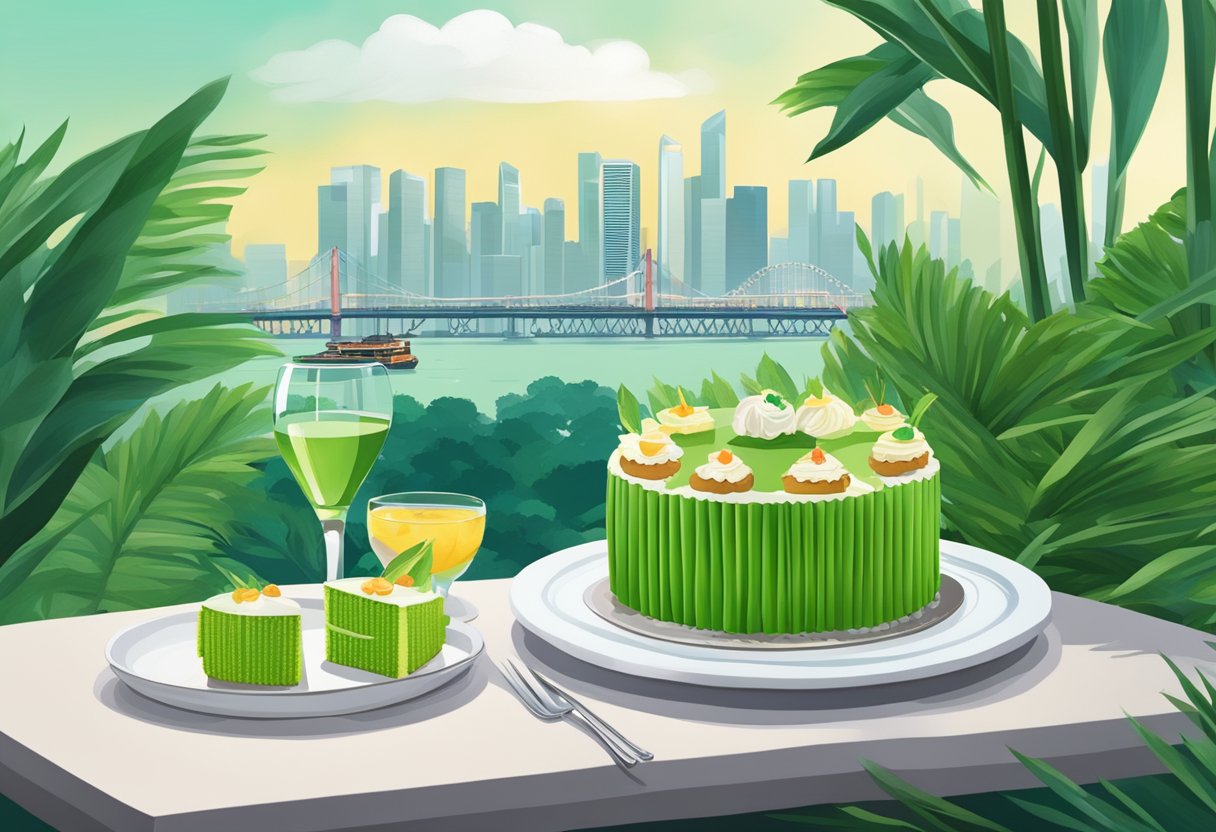 A table adorned with a pandan cake, surrounded by vibrant green pandan leaves and a backdrop of iconic Singaporean landmarks