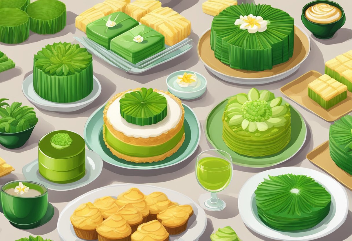A table adorned with a spread of pandan cakes in various shapes and sizes, showcasing the rich green color and fragrant aroma of the traditional Singaporean treat