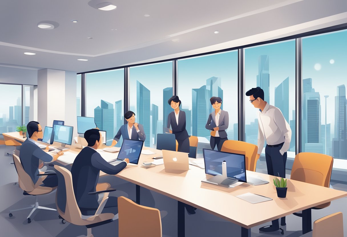 A group of business professionals discussing pricing and business considerations in a modern office setting in Singapore