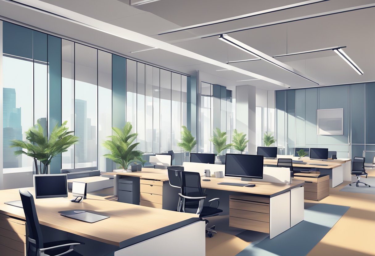 A modern office space with sleek desks, ergonomic chairs, and stylish storage units. Brightly lit with a minimalist, professional aesthetic