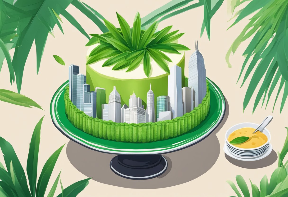 A pandan cake surrounded by vibrant green pandan leaves, with a backdrop of iconic Singaporean landmarks