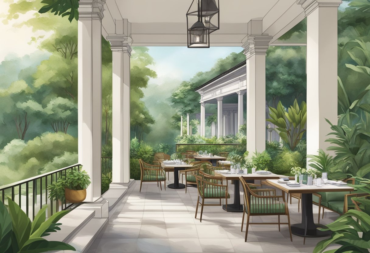 At Tamarind Hill Singapore, lush greenery surrounds a colonial-style building with a tranquil outdoor dining area and a serene ambiance