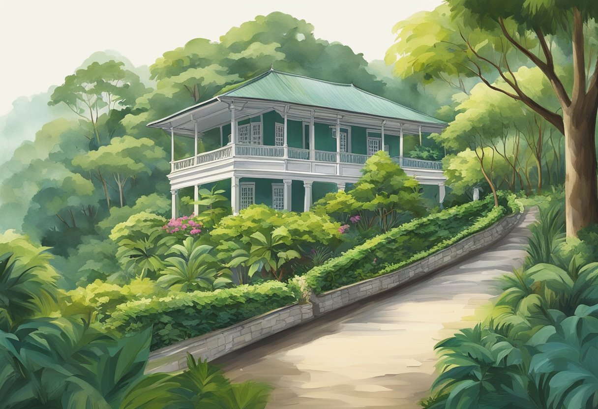 Lush greenery surrounds a winding path leading up to the historic Tamarind Hill in Singapore. The tranquil setting features a colonial-era bungalow nestled among towering trees and vibrant foliage