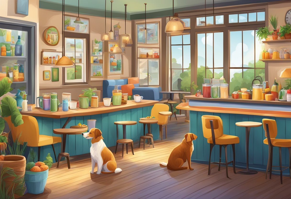 A cozy cafe with colorful pet bowls and friendly animals lounging around, while customers enjoy their drinks and snacks in a relaxed atmosphere