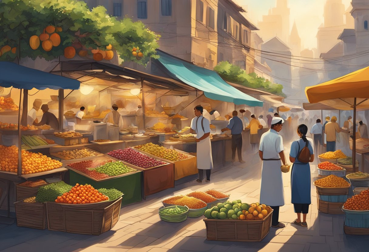 A bustling open-air market with colorful stalls selling exotic fruits, spices, and street food. A chef expertly prepares a traditional dish while customers enjoy the lively atmosphere
