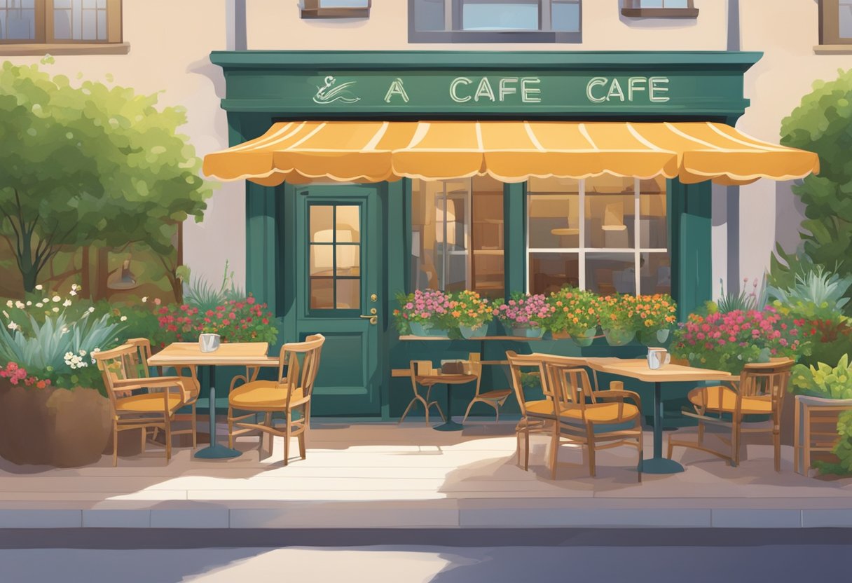 A cozy cafe with outdoor seating, adorned with pet-friendly signage and water bowls. Lush greenery and colorful flowers surround the area, creating a welcoming atmosphere for furry companions