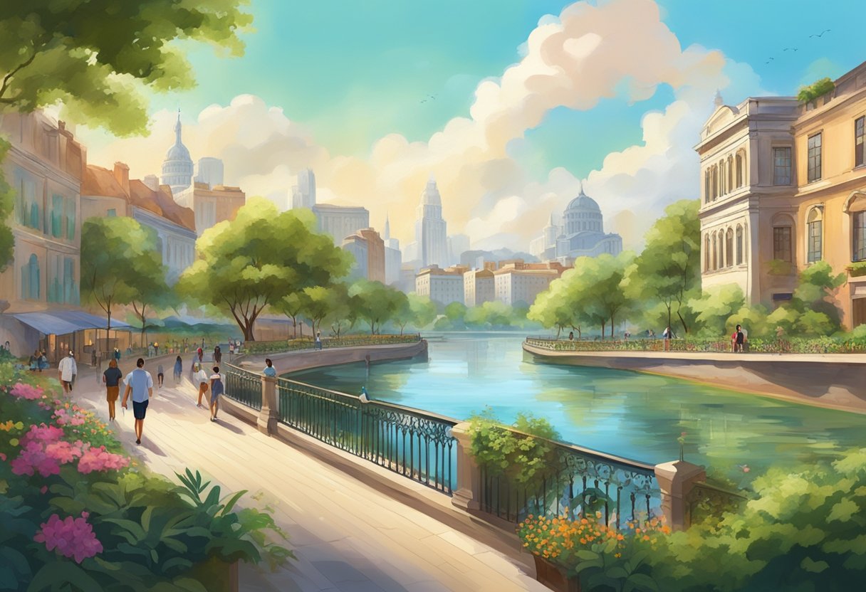 A bustling city park with lush greenery, a serene waterfront promenade, and vibrant street art adorning the walls of historic buildings