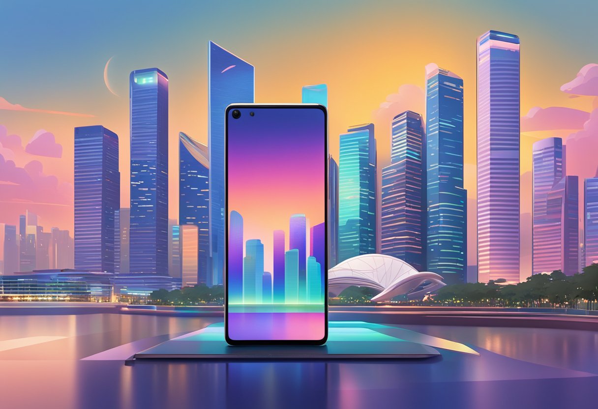 A sleek Pixel 6 Pro phone displayed against a futuristic Singapore cityscape, with vibrant colors and dynamic lighting