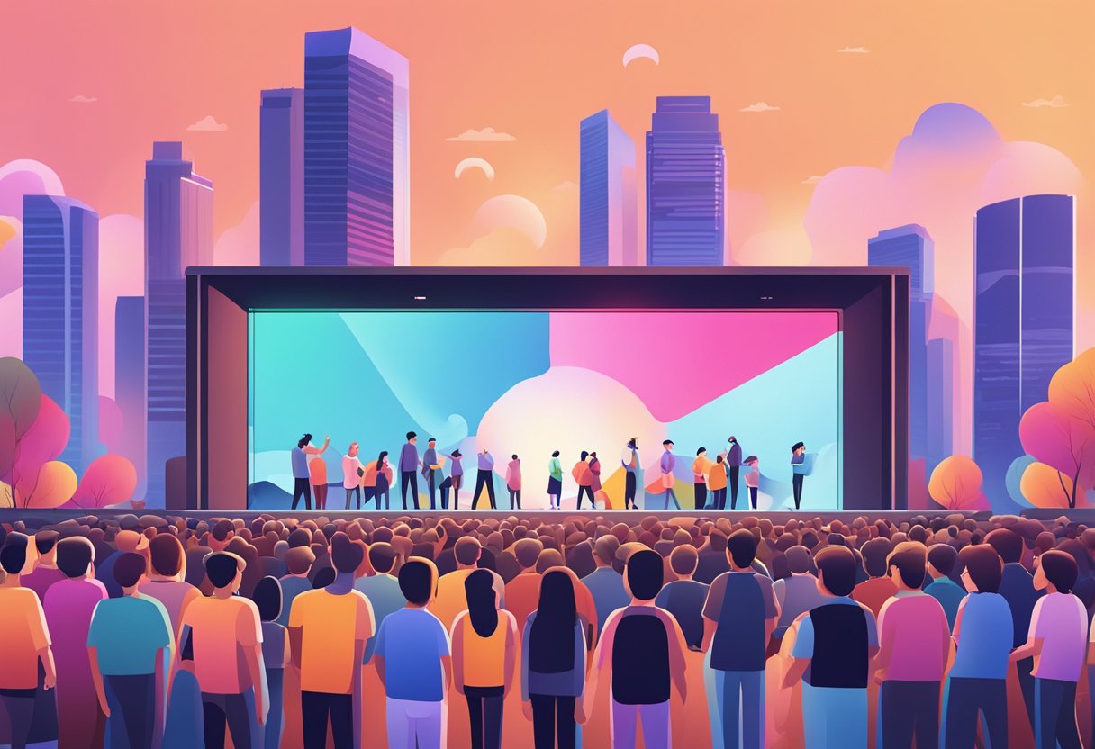 A vibrant stage with the Pixel 6 Pro prominently displayed, surrounded by a crowd of excited onlookers in Singapore