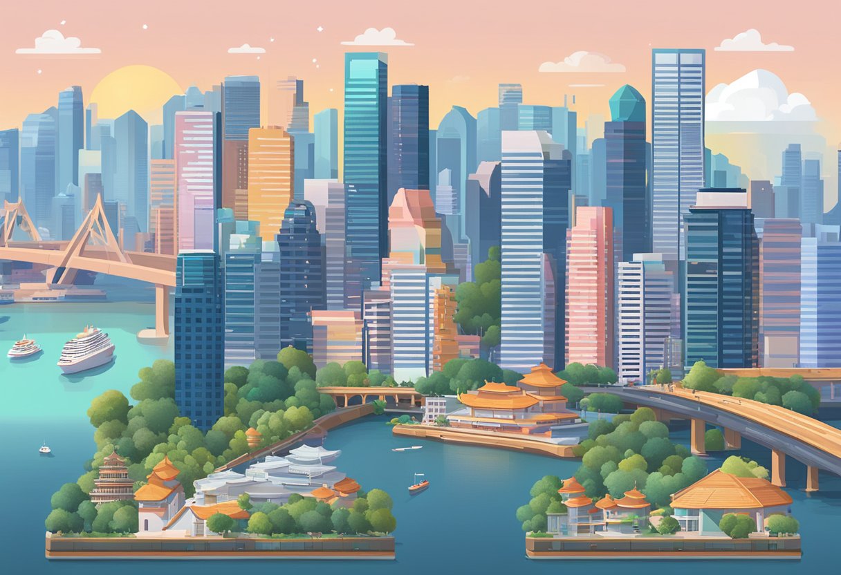 A pixel 6 pro with FAQ text on a screen, surrounded by a Singaporean skyline and landmarks